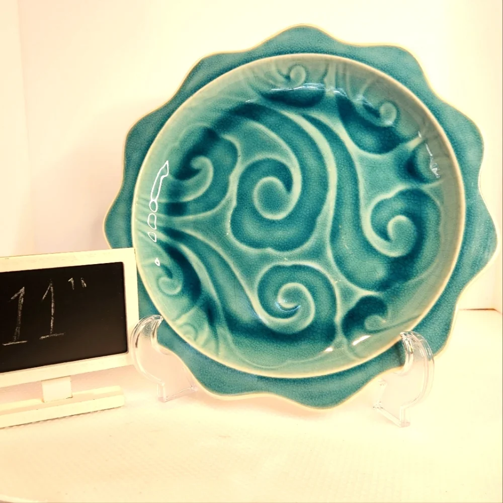 Pier 1 discontinued Tidal single dinner plate blue green‎ wave pattern ceramic